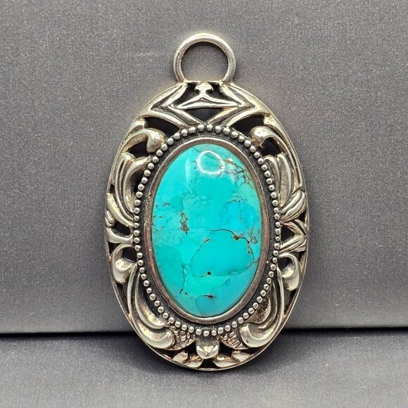 Barse Jewelry - VTG Barse 925 Sterling Silver Turquoise Pendant 2" Floral Scrolled Cutout 15.45g
